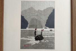 Hand-embroidered painting - Ha Long bay with boat & flags (small size)